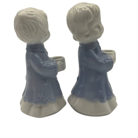 Vintage Ceramic Boy & Girl Figurine Candle Holders 4.5 Blue & White Collectible - Picture 4 of 6